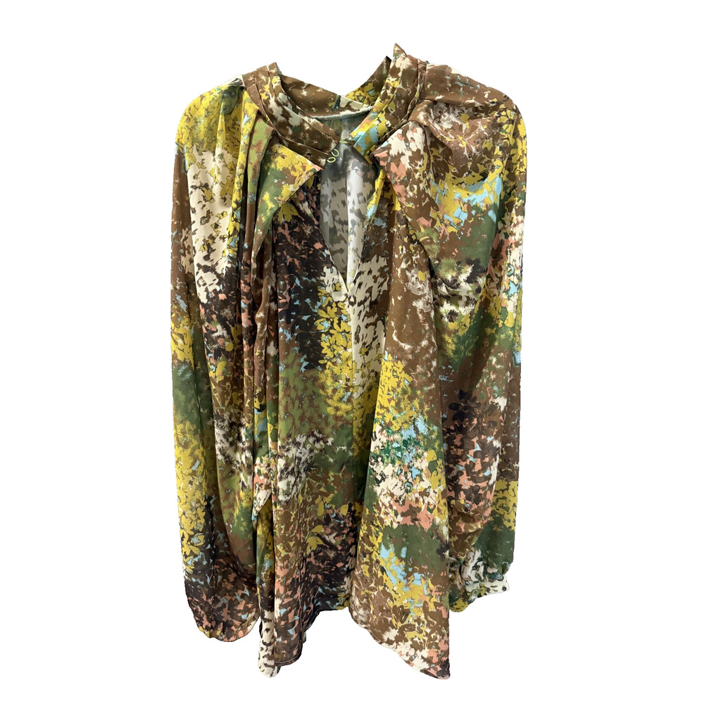 Eloquii Women's 32 Sheer Yellow/Brown Floral Blouse Elegant Workwear Maximalist